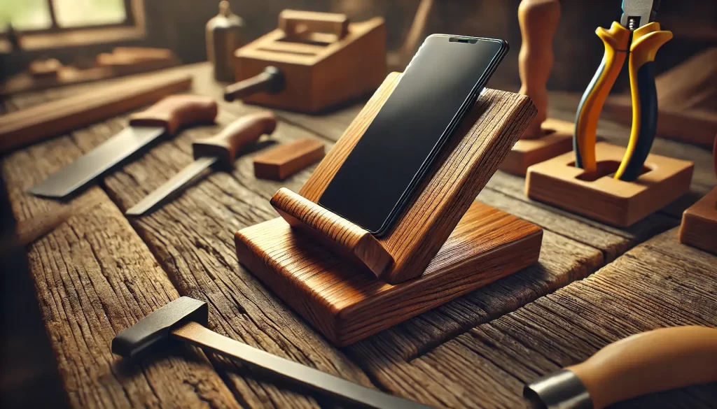 Handcrafted wooden phone stand with angled base and groove, holding a smartphone upright on a rustic table.