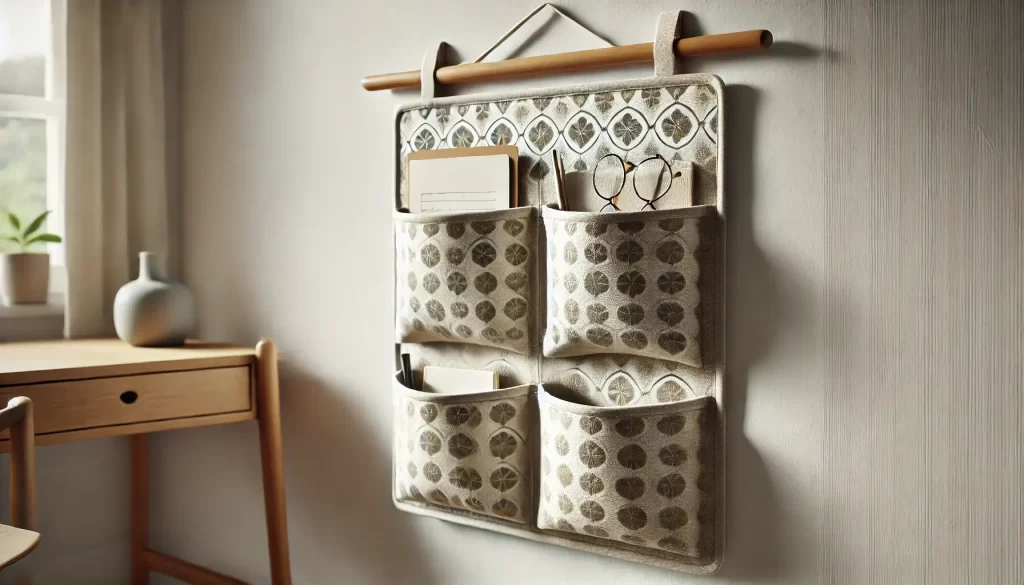 DIY fabric wall organizer with three fabric pockets hanging on a wooden dowel, ideal for small spaces.