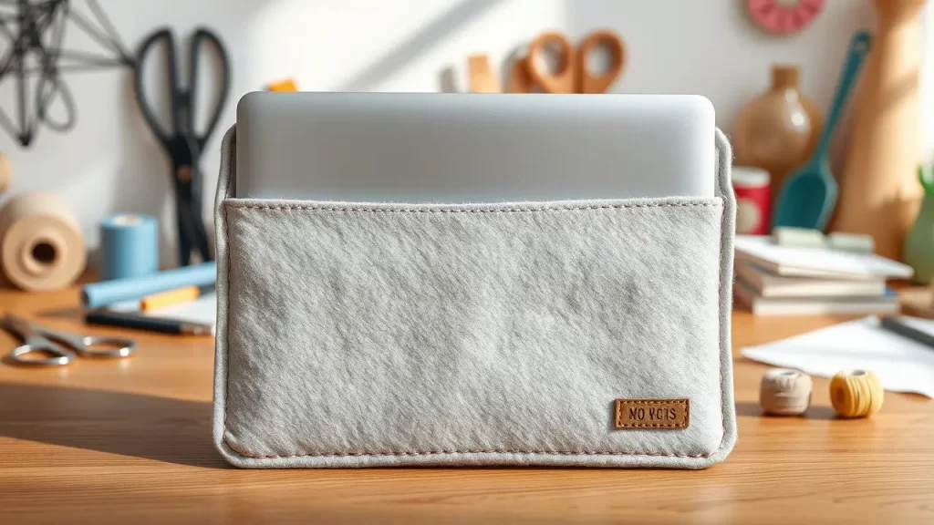 DIY personalized laptop sleeve made of felt on a wooden desk, partially covering a laptop, with visible stitching and handmade details.