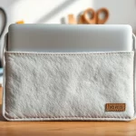 DIY personalized laptop sleeve made of felt on a wooden desk, partially covering a laptop, with visible stitching and handmade details.
