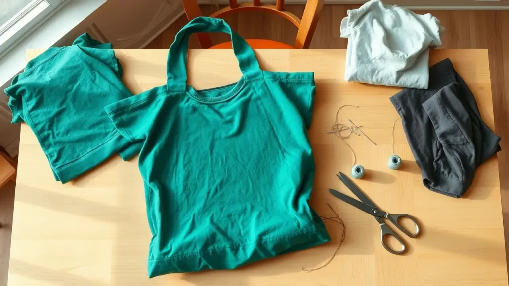 Handmade reusable grocery bag made from a recycled cotton t-shirt, lying flat on a table with handles visible and eco-friendly details.